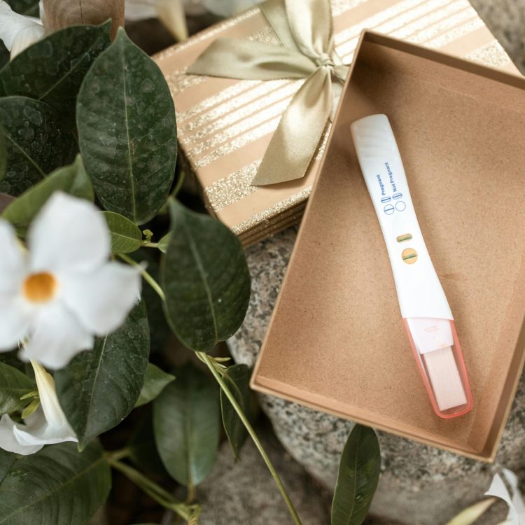 Positive pregnancy test in a wooden bo on top of flowers | First baby appointment | Mary's Refuge | Martinsburg, WV